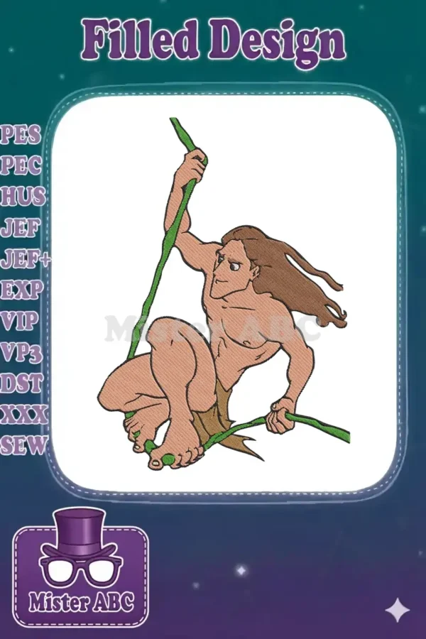 Tarzan, the jungle hero, swinging on a green vine in a dynamic, muscular pose, captured in a detailed embroidery design.