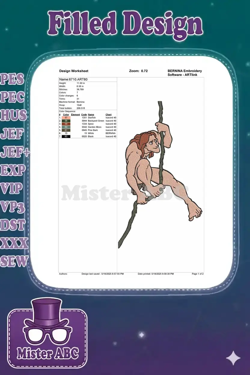 Embroidery design worksheet for Tarzan, showing dimensions, color sequence, stitch count, and thread details.
