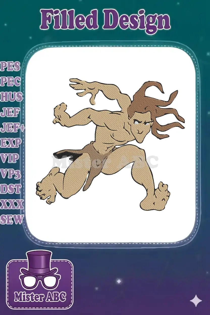 Tarzan digital embroidery design, featuring the iconic jungle hero in a running or leaping action pose.