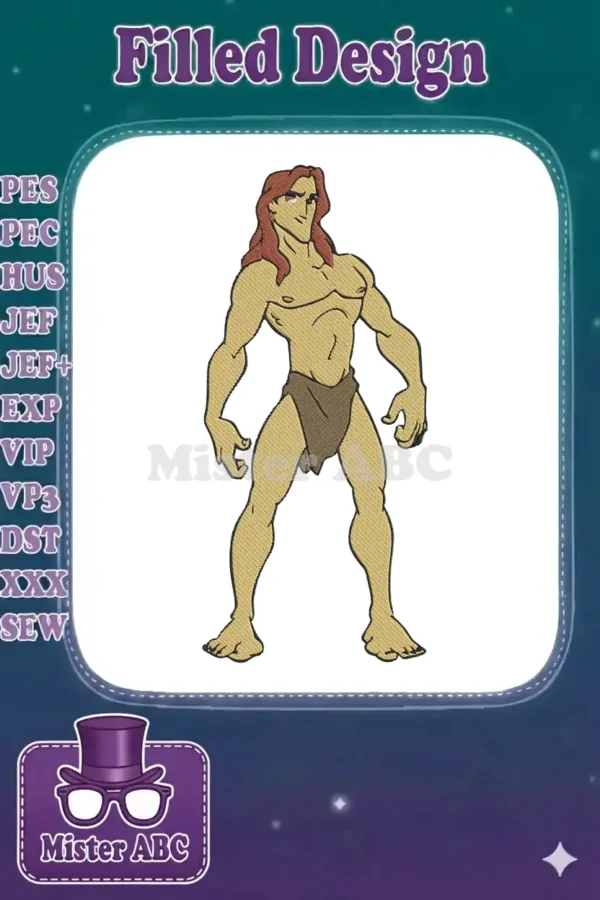 A vibrant embroidery design featuring the muscular Tarzan, standing heroically with rich details and bold outlines.