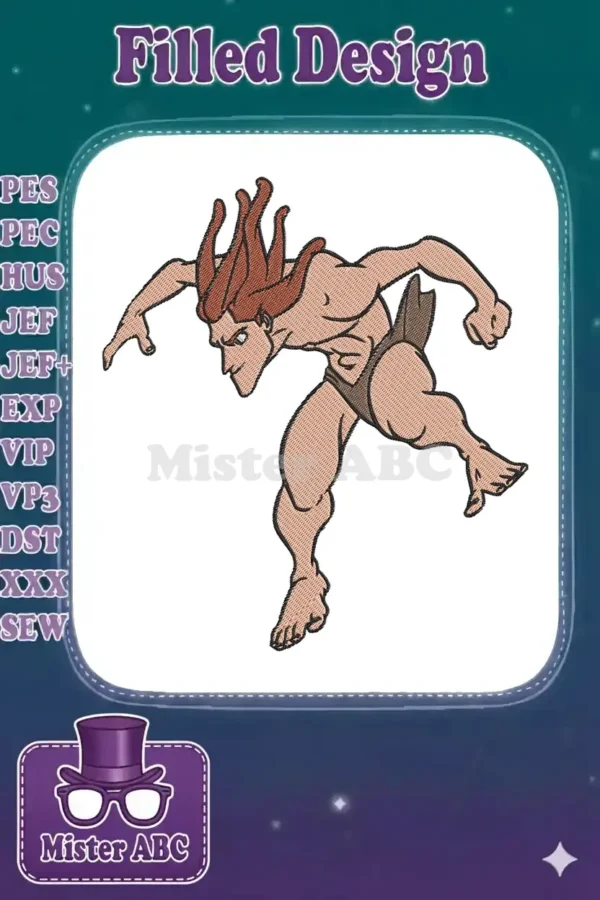 A vibrant embroidery design featuring Tarzan in a dynamic, leaping pose, showcasing his muscular build and flowing hair.