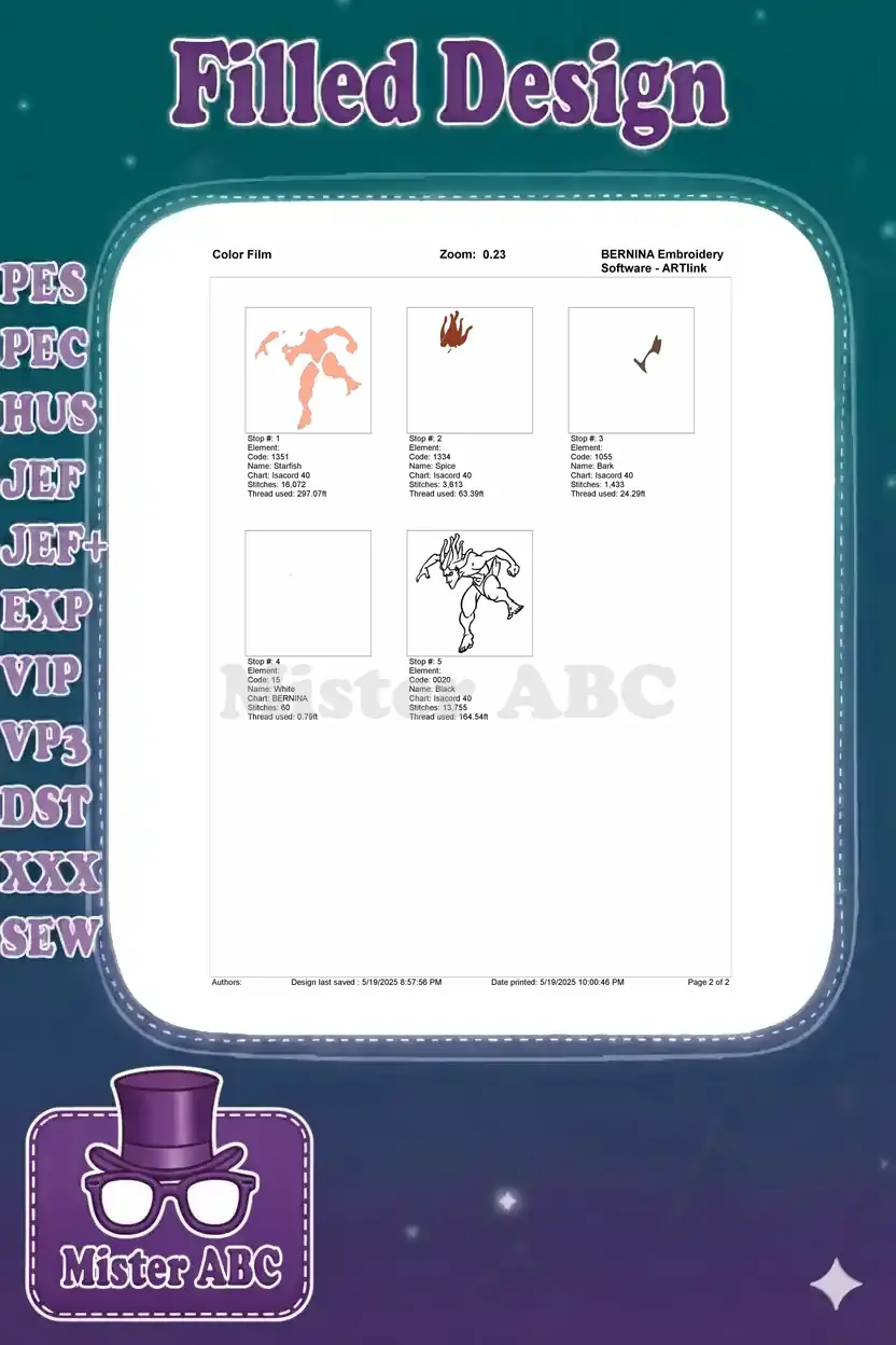 A detailed color film breakdown of the Tarzan embroidery design, showing each color stop and its individual components.