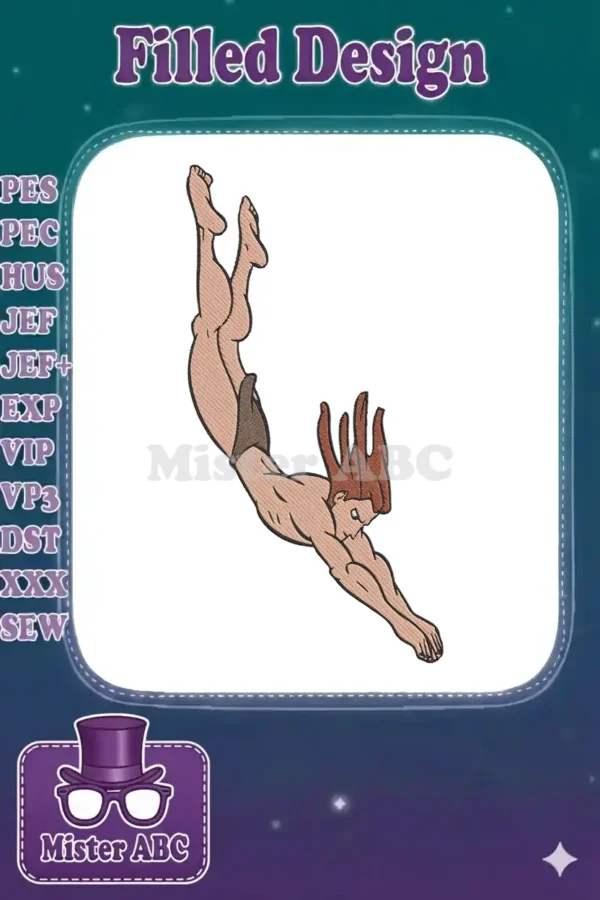 Full-body embroidery design of Tarzan diving headfirst, showcasing his muscular physique and flowing hair in action.