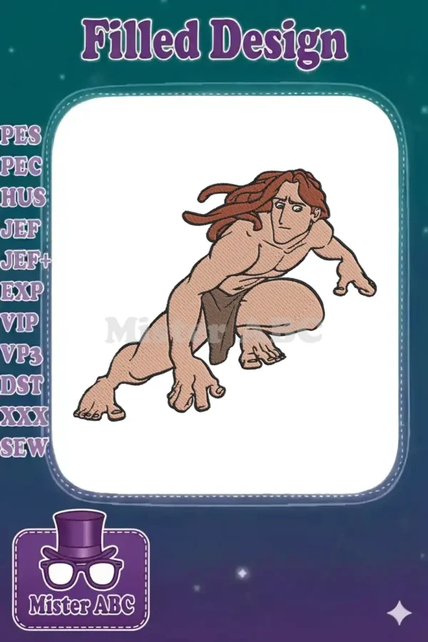 Tarzan embroidery design in a crouching, ready-to-leap pose, showcasing detailed stitching and vibrant colors.
