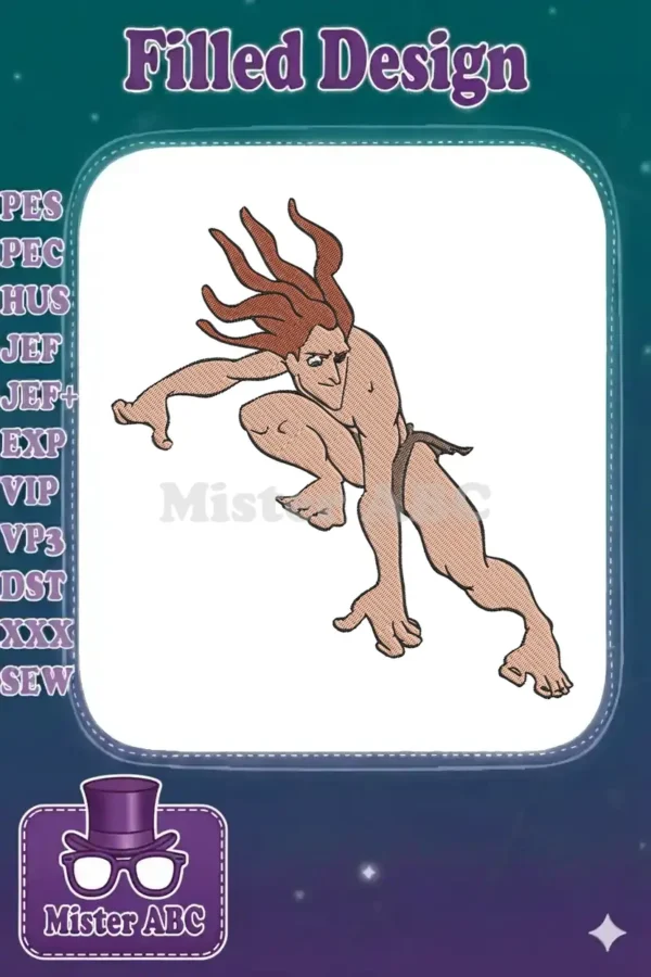 Embroidery design of Tarzan, the jungle hero, in a dynamic, crouching pose with flowing brown hair.