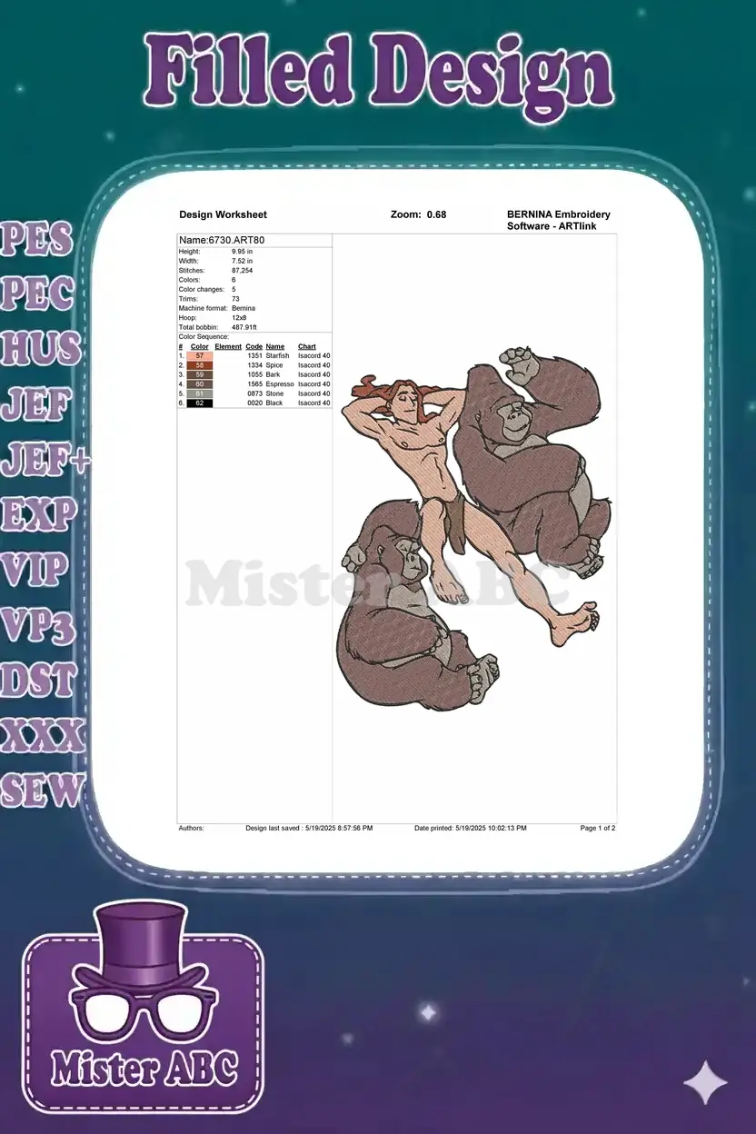 Embroidery design worksheet for '6730.ART80', detailing dimensions, stitch count, colors, and machine compatibility.