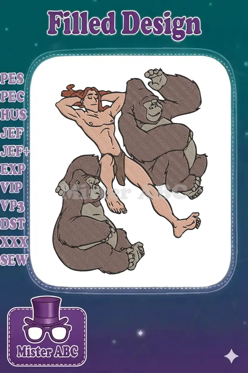 Tarzan relaxing with two gorillas, showcasing a detailed embroidery design with rich textures and shading.