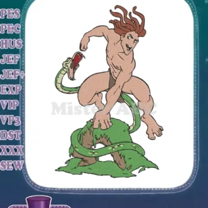 A full-color, intricate embroidery design featuring Tarzan leaping over a coiled green snake amidst jungle foliage.
