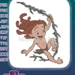Energetic young jungle boy swinging on a vine embroidery designs - Instant Download