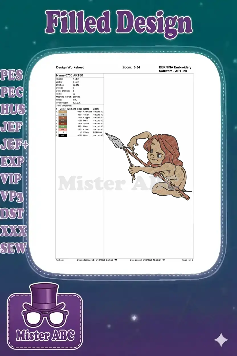 Comprehensive embroidery design worksheet detailing stitch count, color sequence, dimensions, and machine format.