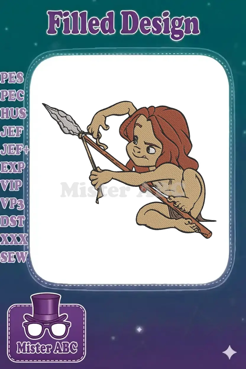 Detailed embroidery of young Tarzan, a cheerful jungle boy, holding a spear, ready for adventure and play.