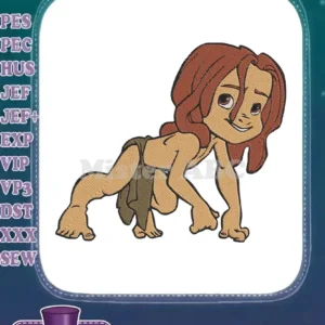 A vibrant embroidery design of a young Tarzan crawling, showcasing detailed stitching and a playful, adventurous pose.
