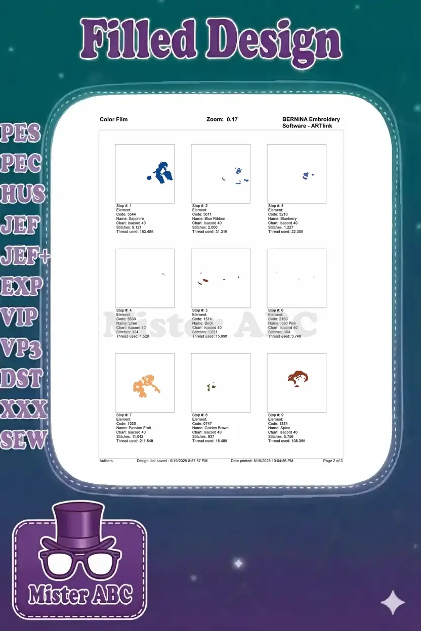 Page 2 of 3 of the color film, showing individual color elements and stitch details for the embroidery design.