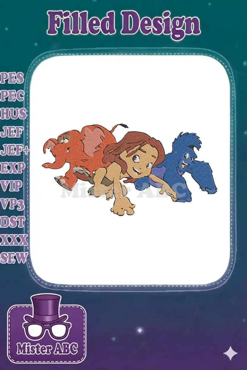 Dynamic embroidery of young Tarzan, red elephant Tantor, and blue gorilla Terk running joyfully together.