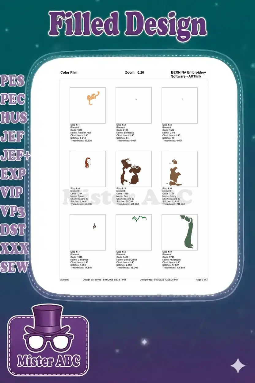 Color film showing the first nine individual thread stops and their corresponding stitched areas for the design.