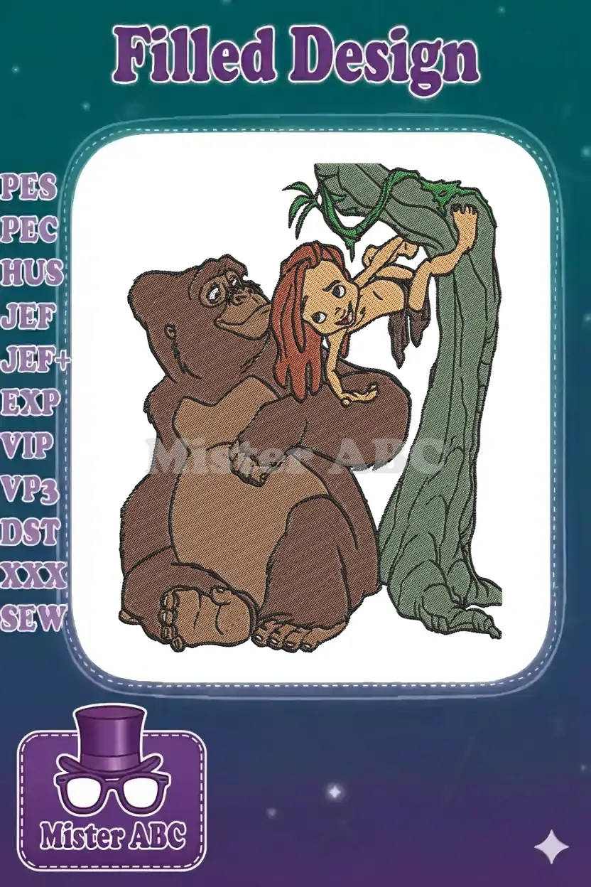 Embroidered design of Kala, the gorilla, tenderly holding baby Tarzan, who swings playfully from a jungle vine.
