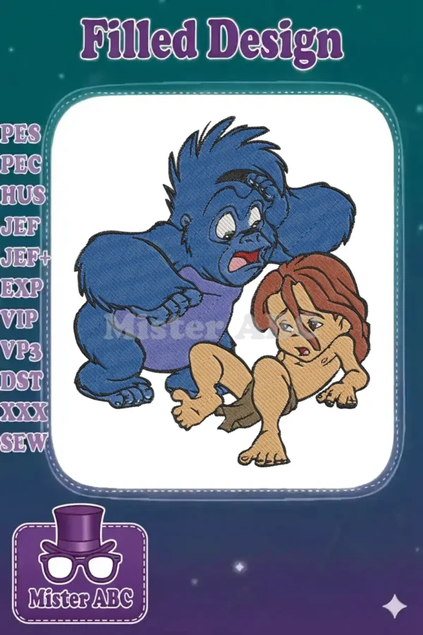 Embroidery design of young Tarzan looking surprised with a large, blue, concerned gorilla (Kerchak) behind him.