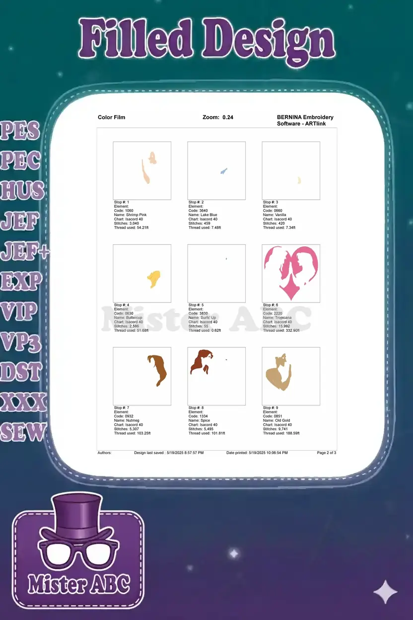 First page of the Color Film showing individual stitch elements and thread usage for the Tarzan and Jane design.