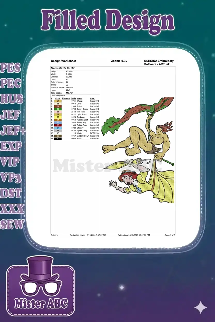 Embroidery design worksheet for '6755.ART80' detailing dimensions, stitch count, colors, and machine settings.