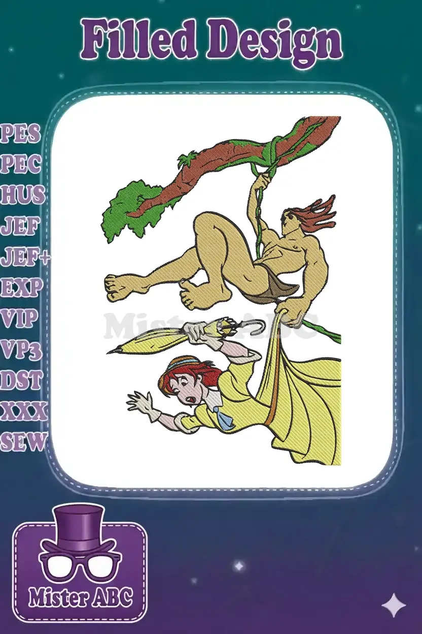 Dynamic embroidery design featuring Tarzan swinging on a vine and Jane Porter falling with an open umbrella.