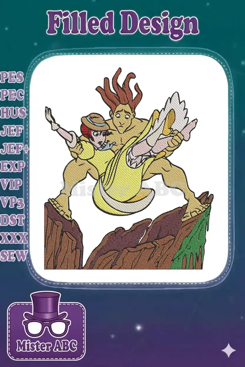 An intricate embroidery design of Tarzan heroically rescuing Jane, set against a jungle cliff backdrop.