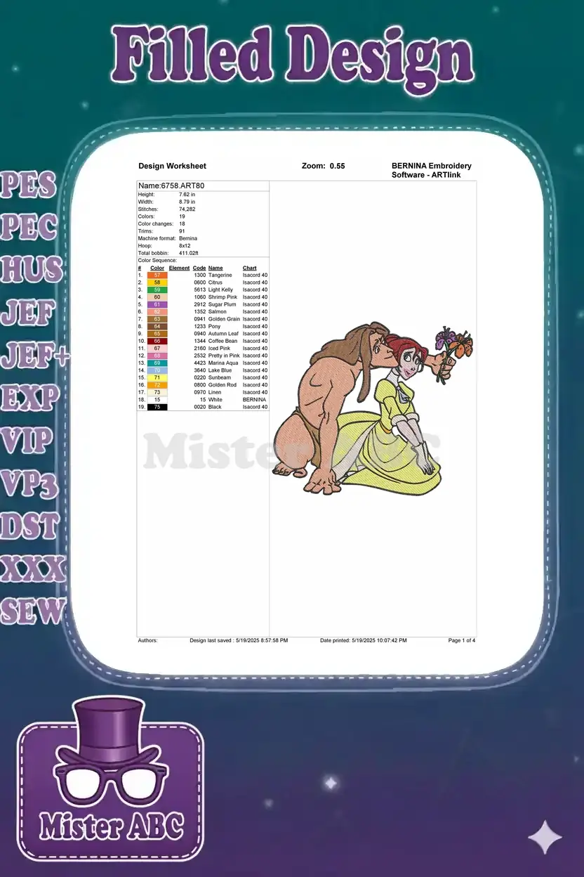 Embroidery design worksheet for "6758.ART80" showing Tarzan and Jane, with detailed stitch information and color chart.