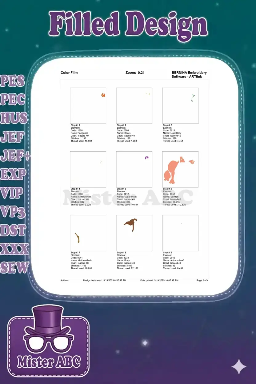 First page of the color film document, displaying the initial nine individual stitch-out sections of the embroidery design.