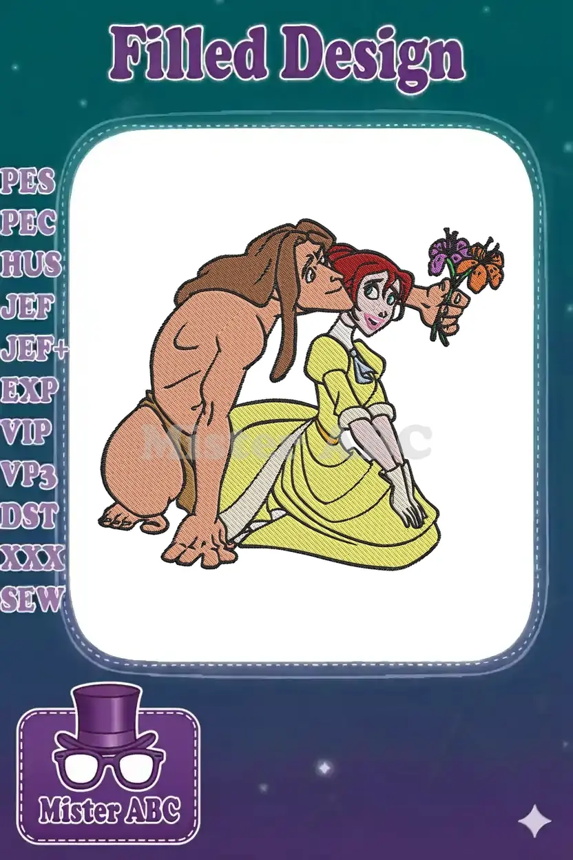 Tarzan gently kisses Jane Porter's cheek, who holds flowers, in a vibrant, detailed cartoon embroidery design.