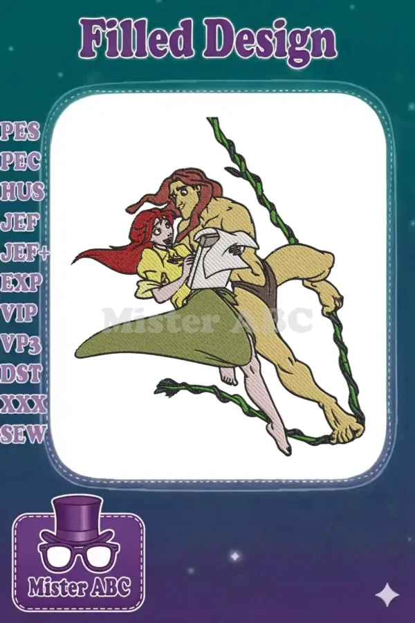 Detailed embroidery of Tarzan holding Jane as they swing on a jungle vine, capturing a dynamic moment.