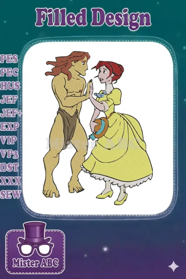Tarzan and Jane embroidery design, featuring the iconic jungle hero and his beloved, standing close in a loving pose.