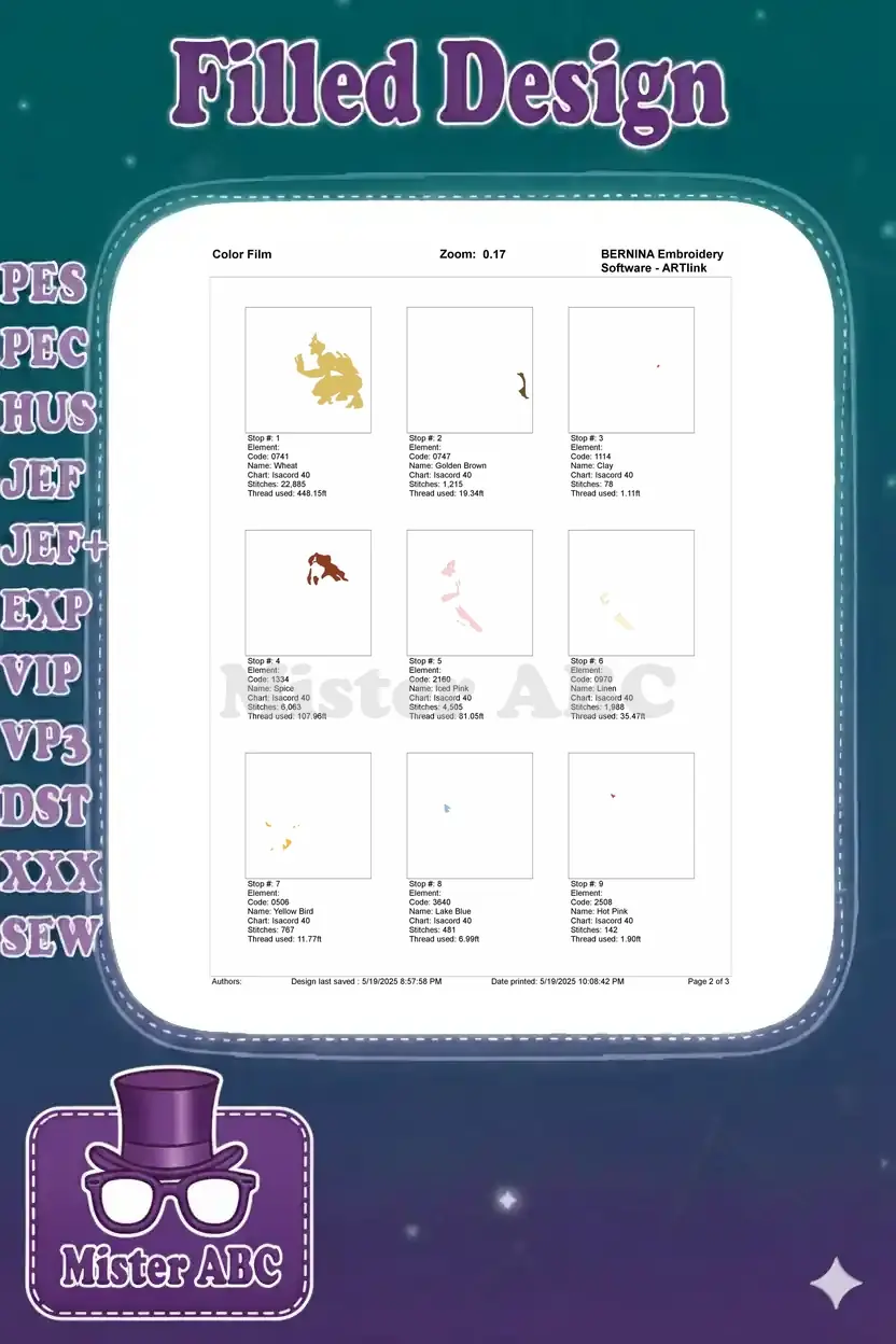 The first section of a color film showing individual stitch elements for the initial colors of the design.