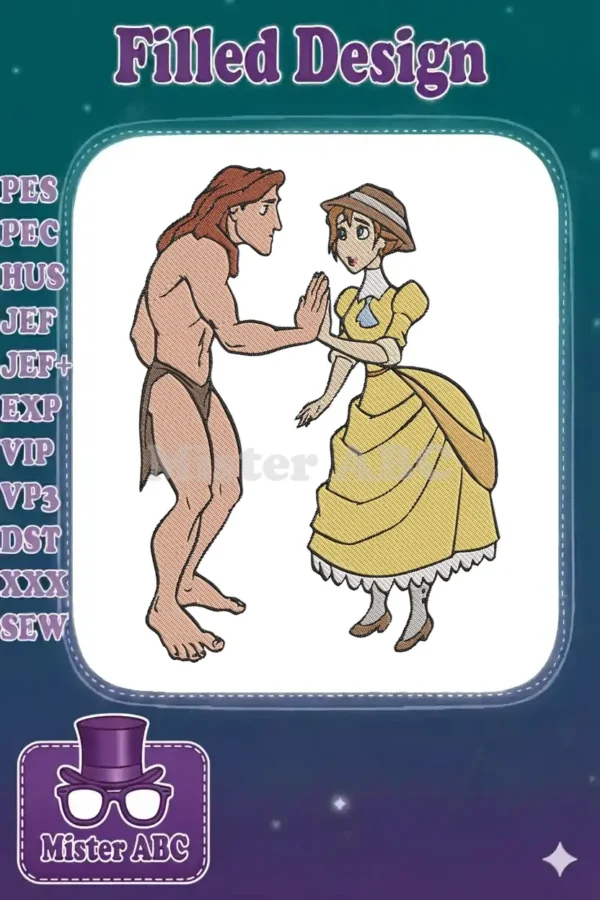 Embroidery design of Tarzan and Jane from Disney's classic, showing their first cautious meeting with detailed stitching.