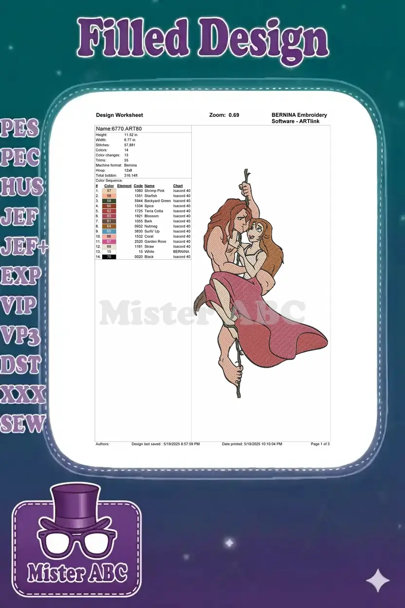 A detailed embroidery design worksheet showing dimensions, stitch count, color chart with thread codes, and machine compatibility.