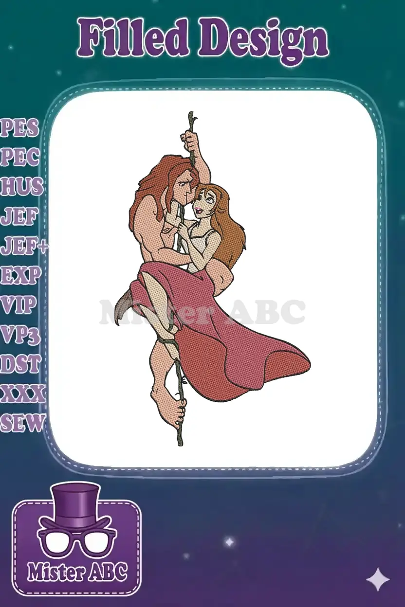 A vibrant embroidery design capturing Tarzan and Jane in a loving embrace, swinging on a vine, showcasing their iconic jungle romance.