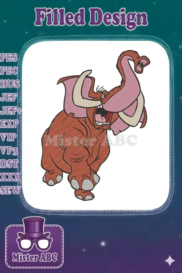Vibrant embroidery design featuring a powerful, roaring reddish-brown cartoon elephant with large pink ears and tusks.