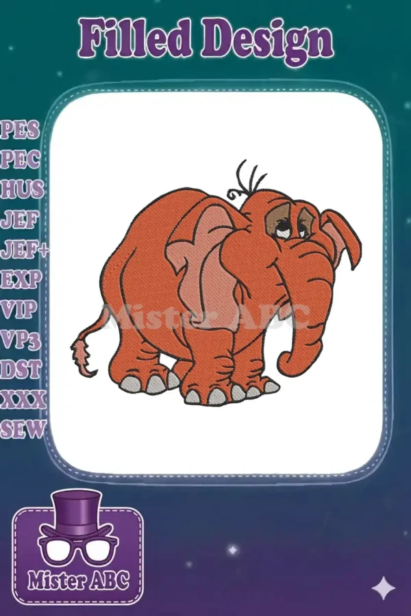 A detailed digital embroidery design of a sad, orange cartoon elephant with black outlines and expressive eyes.