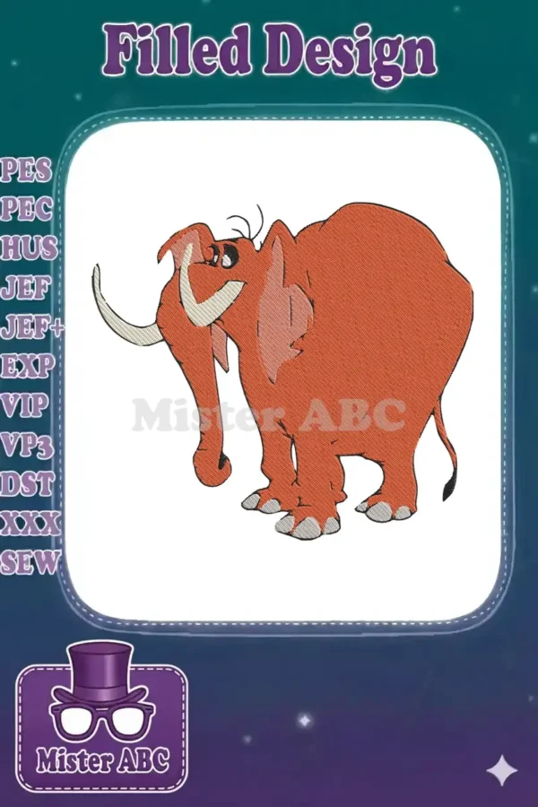 A vibrant, cartoon-style reddish-orange elephant embroidery design with tusks and a friendly, playful expression.