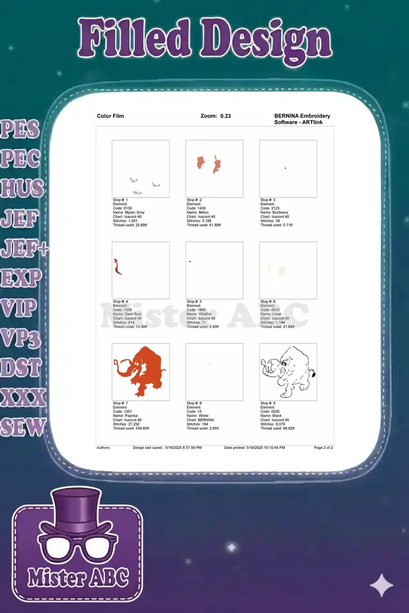 Color film breakdown for the orange elephant embroidery, showing each of the 9 color stops and stitch order.