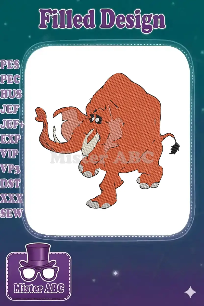 A vibrant, playful orange elephant embroidery design, featuring tusks and a cheerful, stepping pose on white.