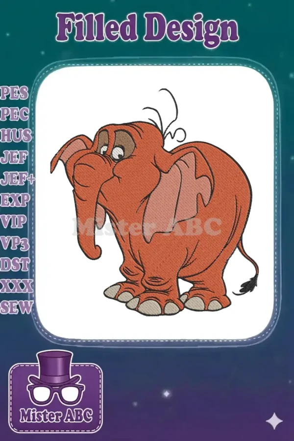 A detailed machine embroidery design of a cute, sad-looking orange cartoon elephant with large ears and a trunk.