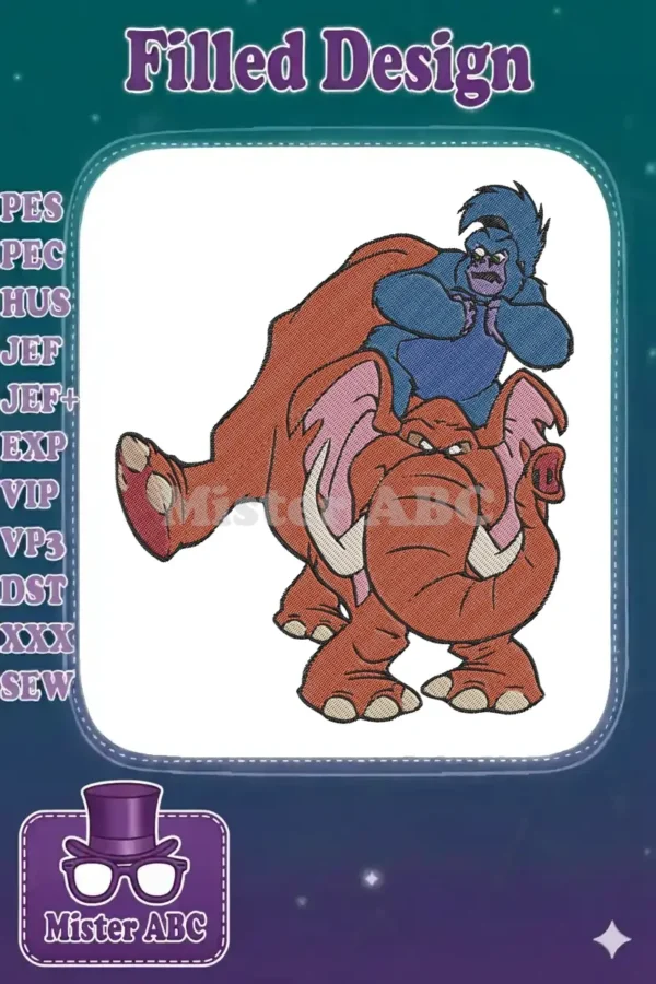 Vibrant embroidery design of Disney's Terk the gorilla riding Tantor the elephant, perfect for apparel and decor.