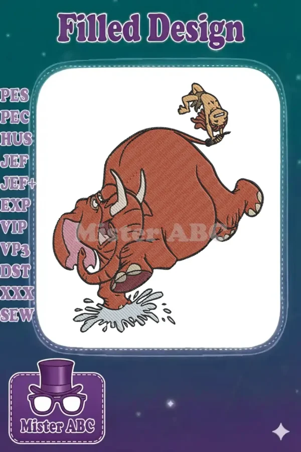 Dynamic embroidery of Tarzan riding a large, reddish-brown elephant, both in a charging pose with splashing water.
