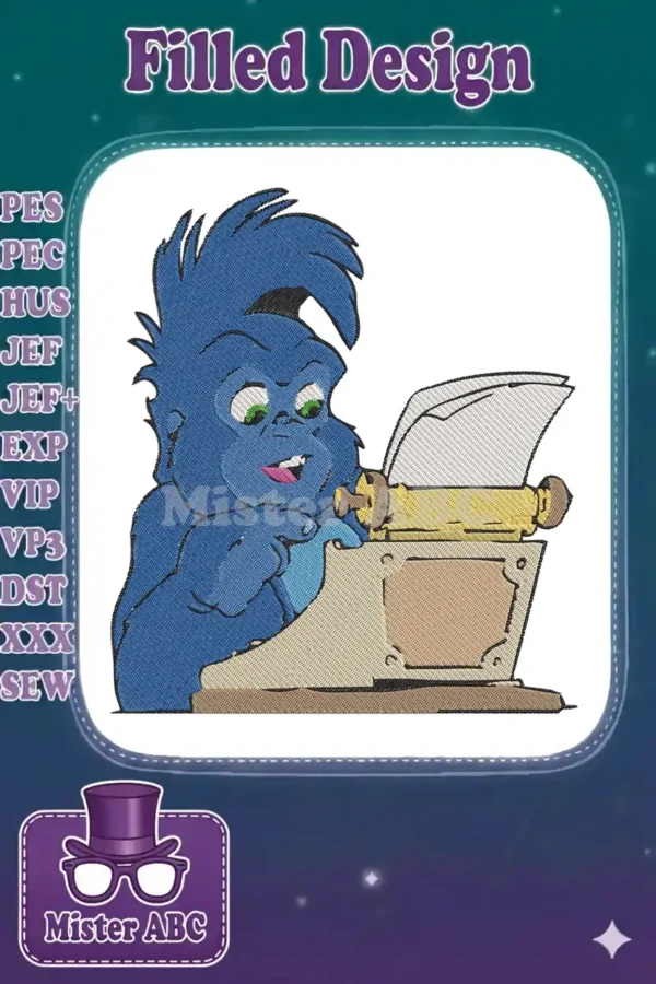 A vibrant blue cartoon gorilla with green eyes and a spiky hairdo typing diligently on a classic typewriter.