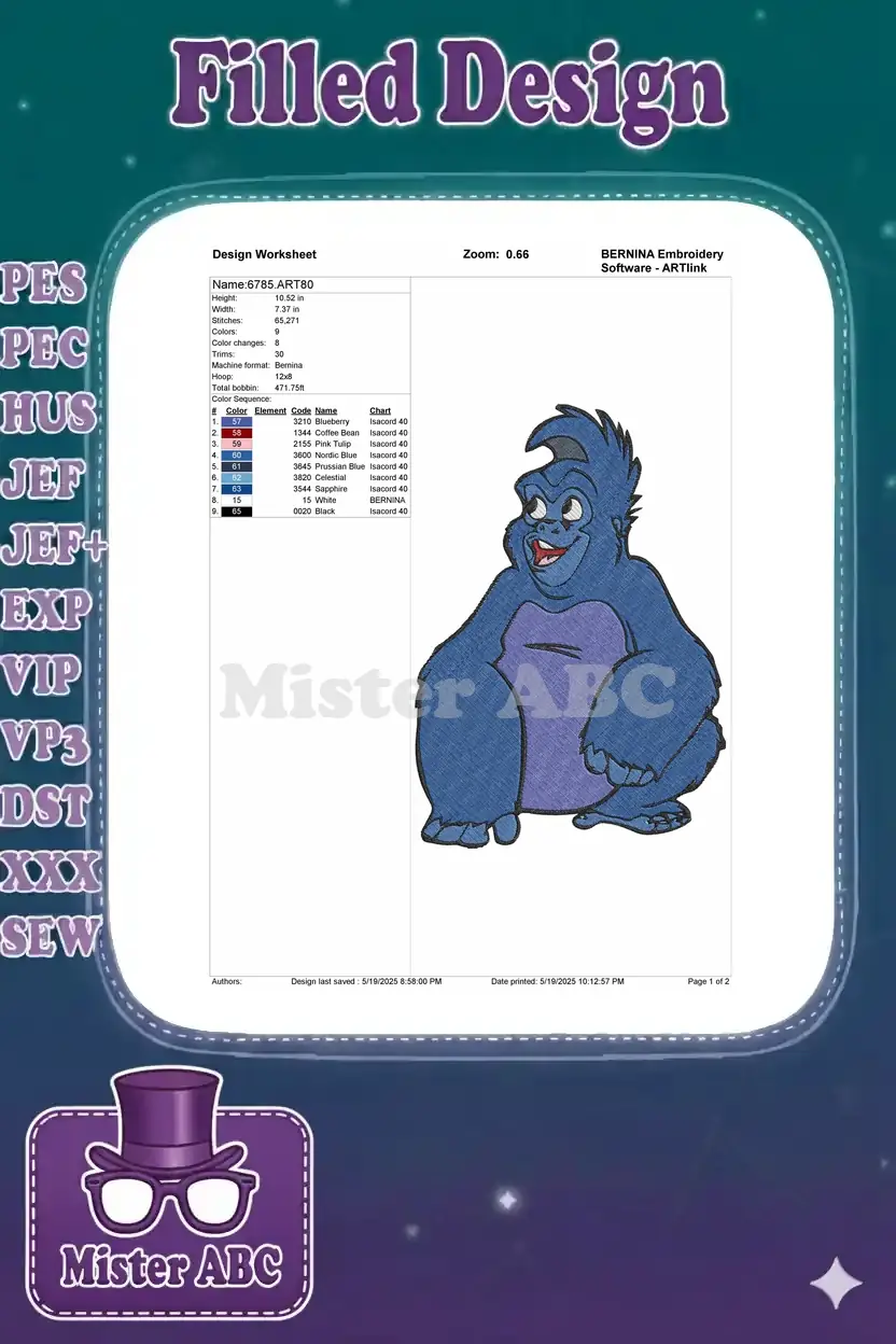 Embroidery design worksheet for the blue gorilla, detailing dimensions, stitch count, colors, and machine format.