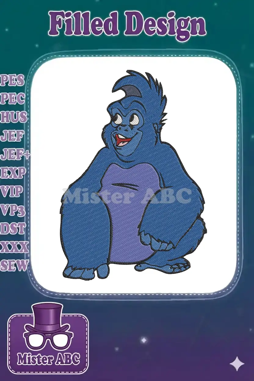 Close-up of a cheerful blue gorilla embroidery design, featuring vibrant blue and purple fur with a happy expression.