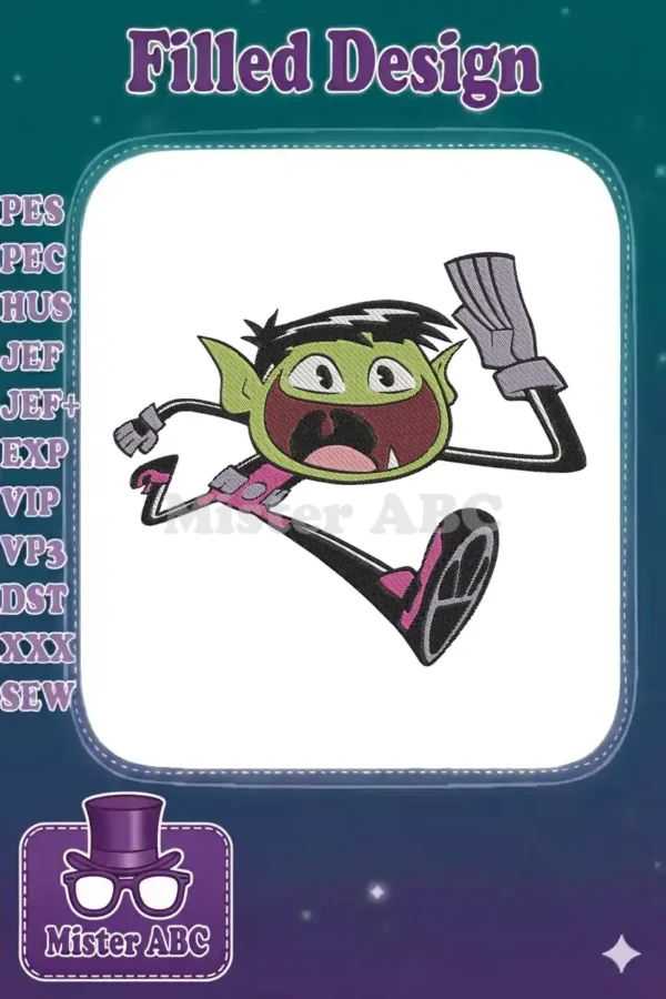 Vibrant Beast Boy embroidery design in a dynamic pose, showcasing detailed stitching and bold colors for fans.