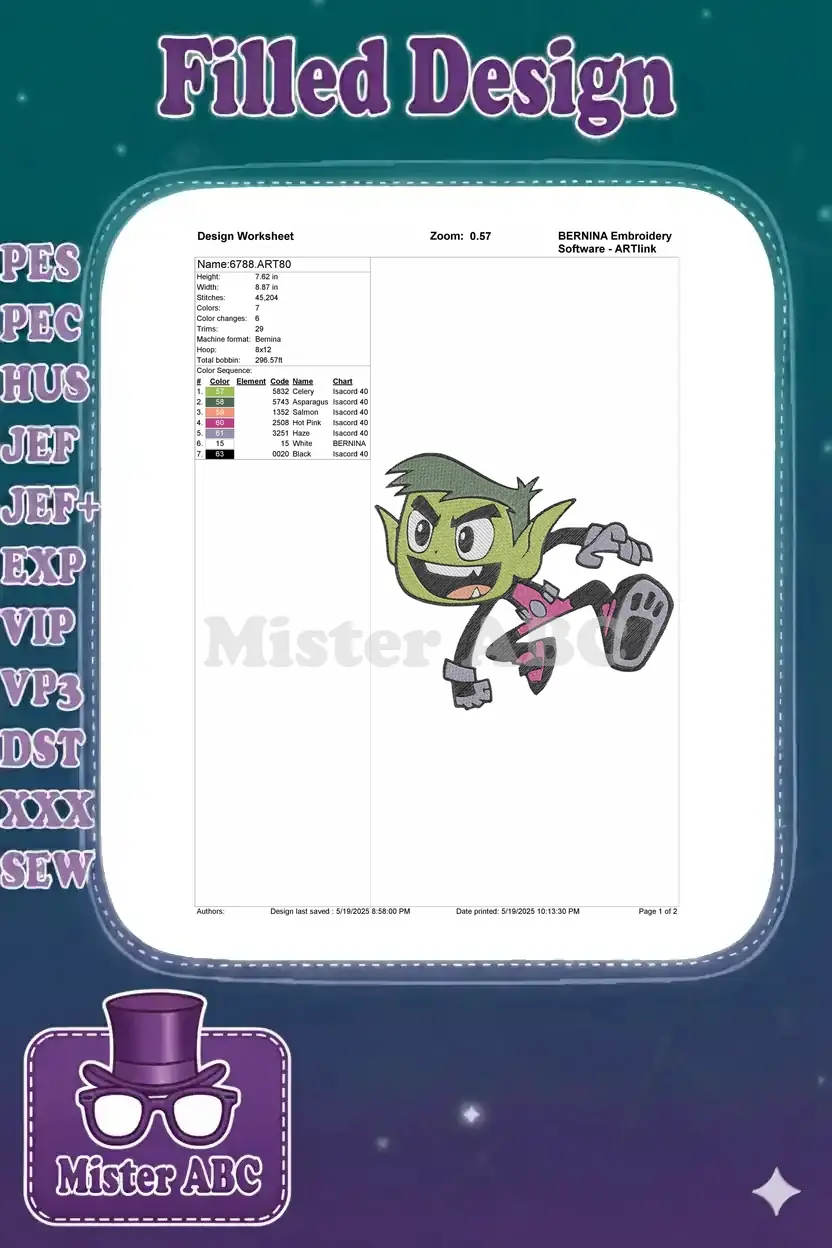 Detailed embroidery worksheet for the Beast Boy design, outlining dimensions, stitch count, and thread colors.