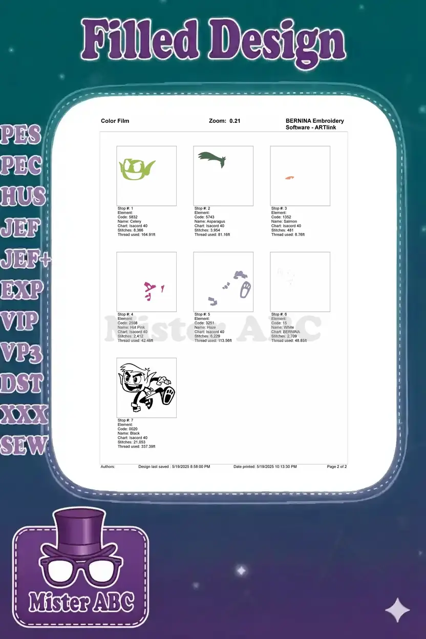 Embroidery color film showing the stitch order and individual color elements for the Beast Boy design process.