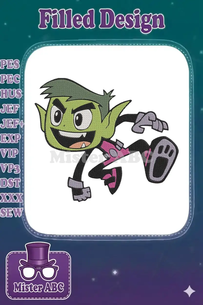 Vibrant Beast Boy embroidery design in a dynamic pose, perfect for fans of animated heroes and unique creations.