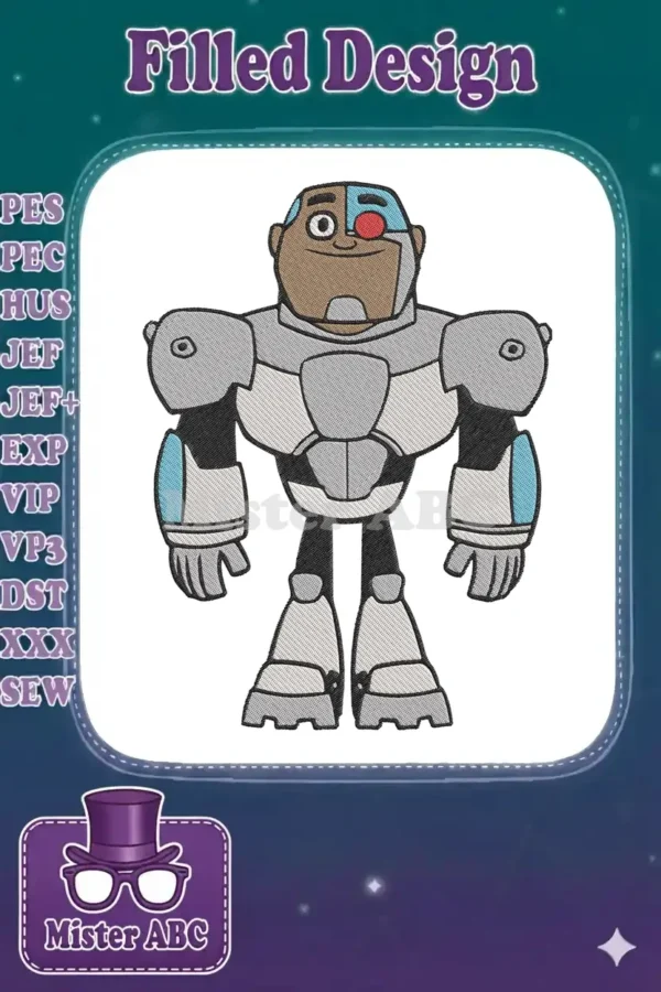 Full-body embroidery design of Cyborg from Teen Titans Go, featuring detailed cybernetic armor and vibrant colors.
